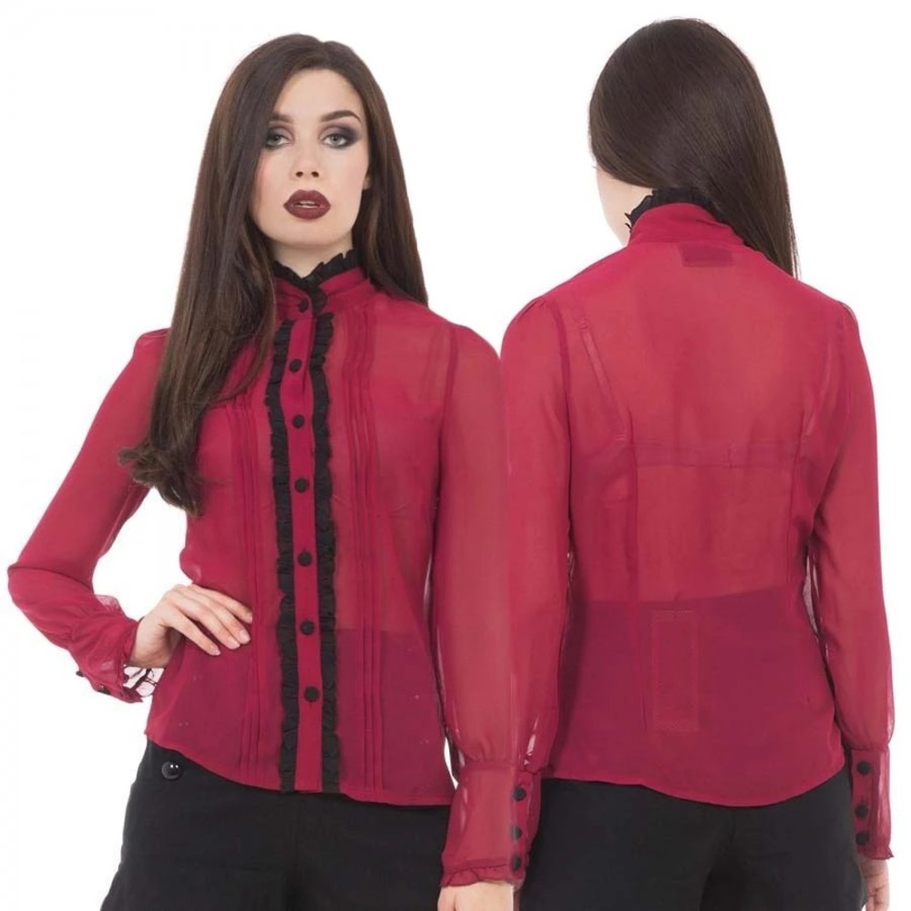 Jawbreaker Ruffle Me Red Burgundy Black Chiffon Button Up Long Sleeve Blouse L